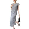 White Textured Pleated Women's Dress Raglan Sleeve Round Neck Side Slit Casual Formal Sheer Dresses Spring