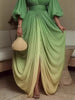 Women Gradient Evening Maxi Dress Deep V-Neck Puff Sleeve Bodycon Ruched Waist Flowy Slit Elegant Occasion Gown Party Dresses