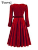 Red Velvet Christmas Elegant Party Women Dress Square Neck Long Bishop Sleeve Autumn Winter Belted Swing Dresses