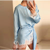 Women's Satin Short Dress Patchwork Lace Trim Crew Neck Long Sleeve Loose Dresses Spring Lady Casual Daily Chic Streetwear