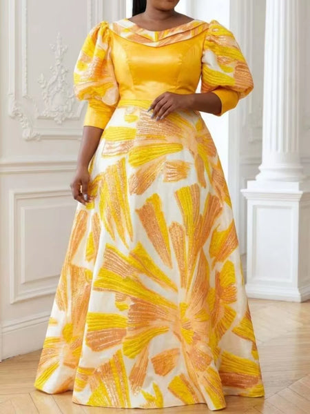 Plus Size Women Printed Satin Maxi Dress Fold Over Neck Puff Three Quarter Sleeve A Line Formal Wedding Guest Evening Dress