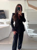 Women's Black Blazer Pants Set With Feather Cuffs Lapel Long Sleeve Button Jacket Wide Leg Pants Lady Chic Outfits