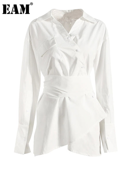 Women White Irregular Bandage Slit Shirt Dress V-Neck Long Sleeve Loose Fit Tide Spring Autumn 1DE9884