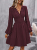 Dresses Woman Clothing V Neck Lantern Sleeve Wrap Mini Dress Ruched Waist Flowy Hem Elegant for Autumn and Party Styles