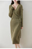 Women V-neck 100% Merino Wool Dress Sweater Autumn Winter Crossing Lace-up Long Sleeve Pullover Knit Skirt Office Lady Knitwear