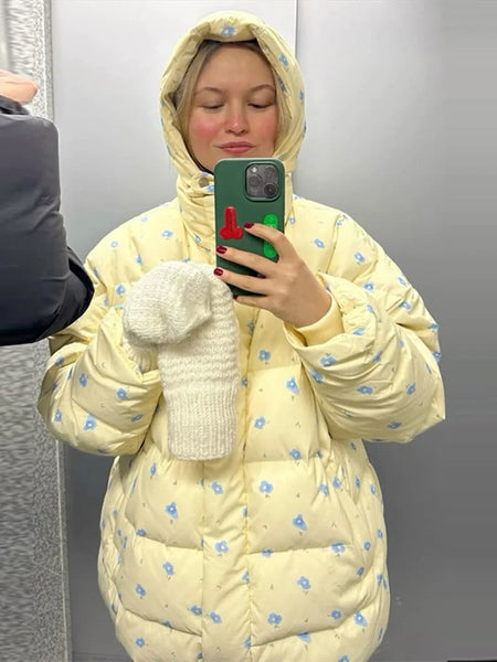 Cute Floral Printed Quilted Cotton Padded Jacket With Detachable Hooded Women Thick Oversized Coat Warm Winter Girl‘s Outerwear