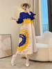Tie Flower Design Women's Pleated Dress O-neck Long Sleeve Colorblock Patchwork Chic Beading Loose Famale Clothes