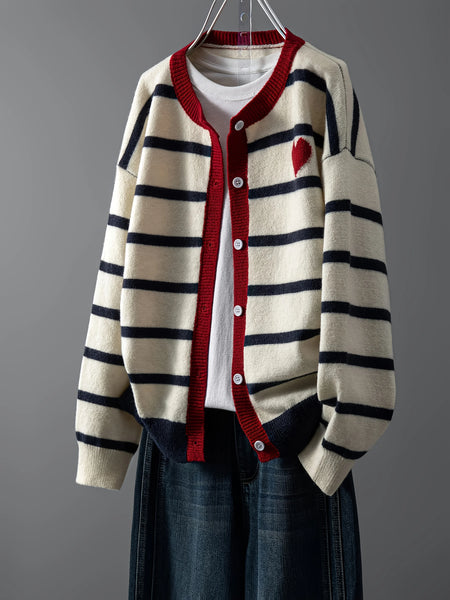 Women's Striped Button Front Cardigan, Cute Heart Pattern Knit Coat, Casual Outwear
