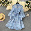 Women Elegant Floral Emboridery Dress Hollow Out Long Sleeve Single Breasted Belt French Court Chic Short A Line Dress