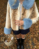 Women Deer Print Faux Fur Cropped Coats Blue Contrast Lapel Cuff Button Up Fluffy Warm Coat Winter Casual Chic Wear