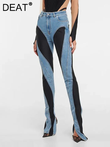 Women's Jeans Slim Deconstruct Panelled Patchwork High Waist Split Blue Long Denim Pants Spring 1DF2575