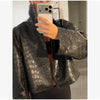Retro Crocodile Pattern Short Women's Leather Jacket High Collar Zipper Loose Long Sleeve Jackets Lady Street Daily Wear