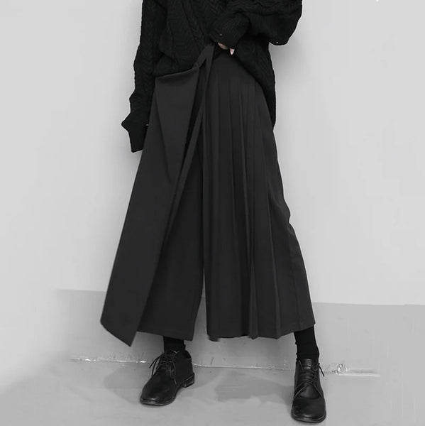 Korean Autumn Irregular False Two-piece Skirt Pants Women Wide-leg Pant Ladies Elastic Waist Straps Casual Pant Lady