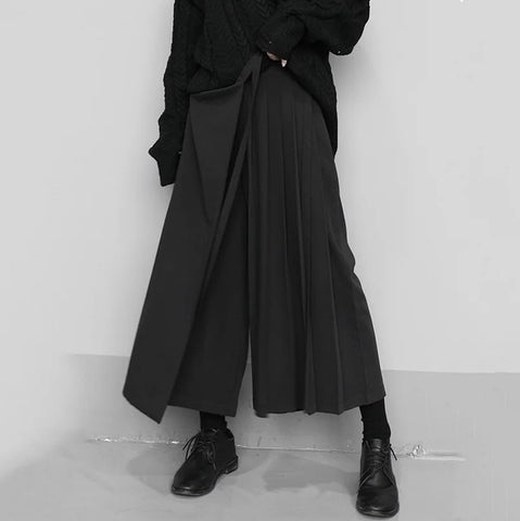 Korean Autumn Irregular False Two-piece Skirt Pants Women Wide-leg Pant Ladies Elastic Waist Straps Casual Pant Lady