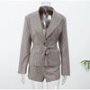 Women Plaid Shoulder Pad Jacket Shorts Set Casual Stand Collar Full Sleeve Belted Buttons Blazer Suit Lady Daily Street Outfits