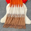 Tassel Patchwok Color Block Dress for Women Pleated Puff Sleeve Mid-calf Dresses Female Autumn