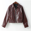 Vintage Wine Red Loose Short Leather Jacket Women Lapel Long Sleeves Zipper Cropped Coat Autumn Lady Street Outwear