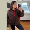 Fleece Women's Jacket Coat Deer Print Half Zip Pullover Jacket Color Block Collar Long Sleeve Cropped Chic Outerwear For Ladies