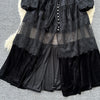 French Vintage Lace Embroidery Patchwork Velvet Dress Women Long Lantern Sleeve Pearl Buttons Lace Up Wedding Party Prom Vestido