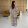 Striped Print Shirt Pants Set Turn Down Collar Three Quarter Sleeve Blouses Wide Leg Trousers Suit Casual Chic Women Outfit