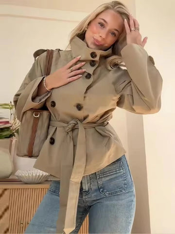 Khaki Stand-Up Collar Women’s Short Trench Coat Autumn Double-Breasted Sashes Women Jacket High Street Women Coat