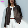 Women's Autumn Clothing European Sheepskin Casual O-Neck Single-Breasted Coffee Litchi Stria Genuine Leather Jacket
