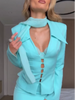 Solid Lapel Single Breasted Breasted Set Women Hollow Out Blazer Wrap Hip Mini Skirts Suit Lady Street Outfit