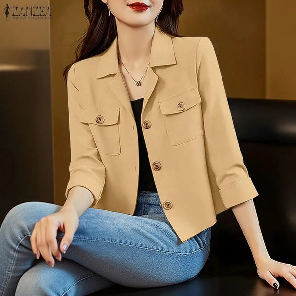 Women's Casual Lapel Neck Jackets 3/4 Sleeves Solid Color Button Up Lightweight Coats Spring Office Wear Woman Outerwear