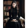 French Style Velvet Long Dresses Black Autumn Winter Vintage Vestidos Mujer Stand Collar Solid Elegant Women Dress