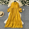 Spring Vintage Loose Dresses Women Lantern Sleeve Turn-down Collar Solid Single Breasted Casual Folds Long Dress