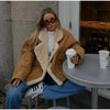 French Vintage Lamb Wool Women Coat Patchwork Full Sleeve Lapel Parka Coat Loose Winter Warm Jacket Thicken Pocket Lady Overcoat