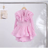 Solid Ruffle Mini Dress U Neck Long Puff Sleeve Tie Neck Tiered Hem Sweet Style Gown Soft Pastel Tones Chic Women Outfit