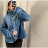 Chic Stand Collar Denim Cropped Jackets Women Loose Zipper Pockets Full Sleeve Female Coats Spring Lady Outwear Street