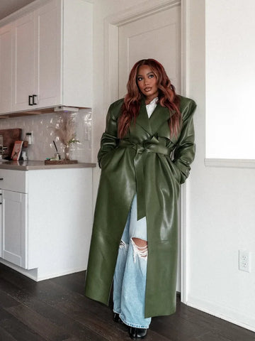 Street Pu Leather Women Long Coat Y2K Solid Belt Lapel Pocket Full Sleeve Female Jacket Autumn Winter Lady Outwear
