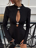 Solid Cinched-waist Mini Dress Women Casual V-neck Full Sleeve Shoulder Pads A-line Vestidos Lady Chic Party Street Gowns