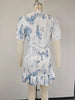 Women Sexy Flora Painted Ruffle Slim Dress Chic Deep V-neck Double Layered Ruffled Hem Dresses Lady Daily Party Gowns