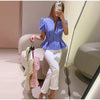 Elegant Printed Waist Cinched Women's Jackets Stand Collar Single Breasted Bubble Sleeve Blouses Summer Lady Commute Tops