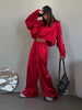 Loose Glossy Satin Solid Sports Jacket Pants Sets Women Stand Zipper Long Sleeve Coats Drawstring Wide Leg Pant Spring Suit