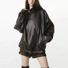 Fall Winter Women's Faux Leather Jacket Individuality Asymmetrical Stand Collar Loose Lady Coat Long Sleeve Bomber Outwear