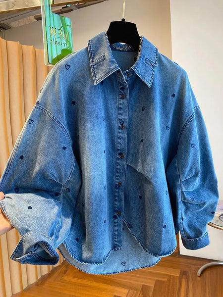 European and American Style Blue Heart Patterned Denim Shirts for Women Long-sleeved Spring Coats