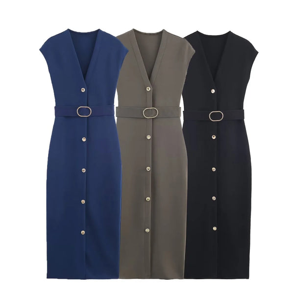 Women's clothing European and American with belt elastic Midi dress