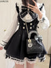 Japanese Y2 Aesthetics Rhinestone Bow Dress Shorts Set Women Gothic Lolita Style Long Sleeve Shirt Dresses Party Slim Mini Dress