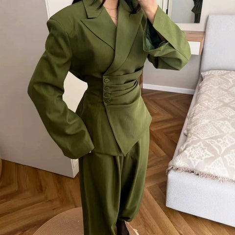 Olive Green Asymmetric Blazer & Pants Set – Women's Ruched Waist Suit Two Piece Office Lady Autumn