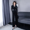 Temperamnet Velvet Jumpsuit For Women Elegant V-neck Long Sleeve Slim Wide-Leg Pants with Brooch