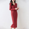 Women Pure Wool Sweater Dresses Long Sleeve Purllover 100% Merino Wool V-neck Knitwear Spring Autumn Grace Striped Dresses