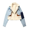 Women Padded Jacket Denim Splicing Jacket Winter Lamb's Wool Liner Thickened Short Section Biker Jacket Cotton Jacket