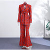 Geometric Printed Blazer Jacket Pants Sets Women Shoulder Pads V Neck Lace Up Full Sleeve Jackets Flare Pant Lady Outfit