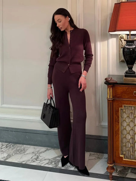 Women's Autumn Winter Knit Cardigan Pants Set Slim Fit Long Sleeve Long Trousers Simple Solid Color Sweater Suit