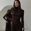 Elegant Turtleneck Curvy Brown Dress Women's Sexy Long Sleeve Shoulder Pad Party Evening Tight Elastic Dresses Winter Black