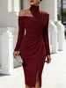 Women's Elegant Off Shoulder High Neck Midi Dress Long Sleeve Ruched Bodycon Package Hip Dress With Slit Formal Party Dress